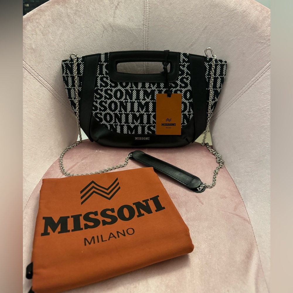 NWT Missoni Black and White Print Leather / Canvas Shoulder Bag with Chain